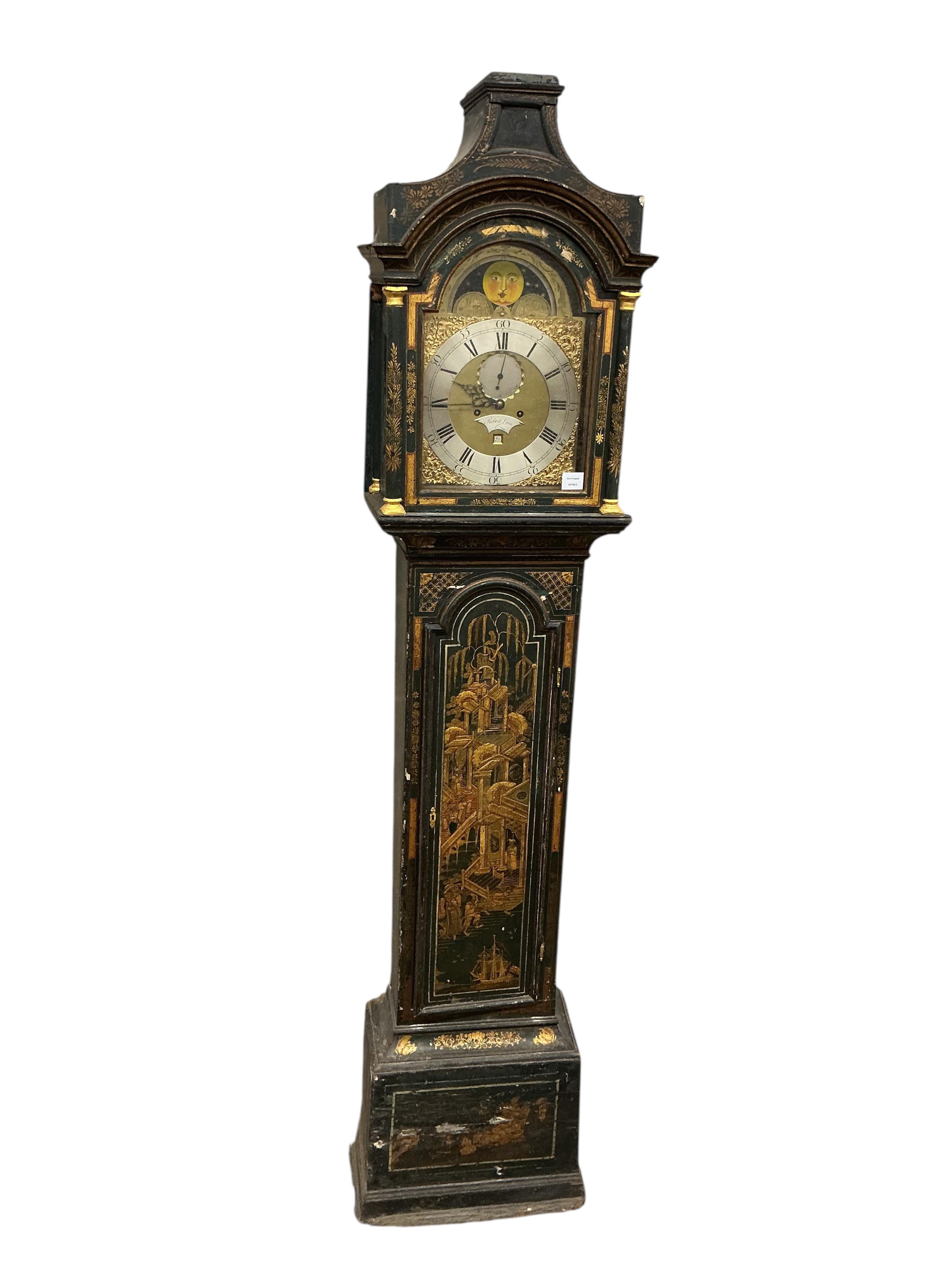 A chinoiserie lacquered longcase clock, dial marked Robert Lyon, height 230cm